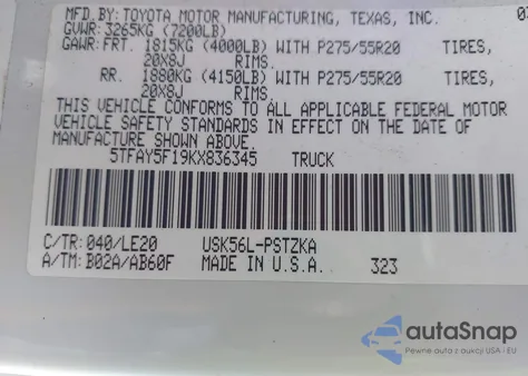2019 Toyota Tundra Platinum 5.7L V8 from USA, damaged, VIN 5TFAY5F19KX836345